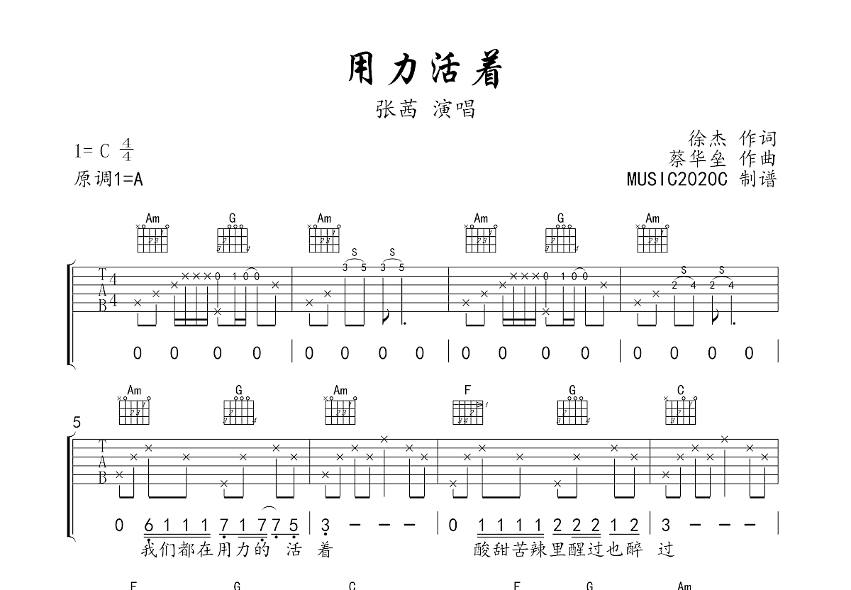 用力活着吉他谱预览图