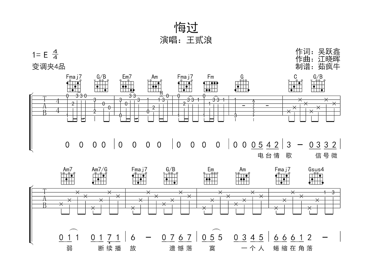 悔过吉他谱预览图