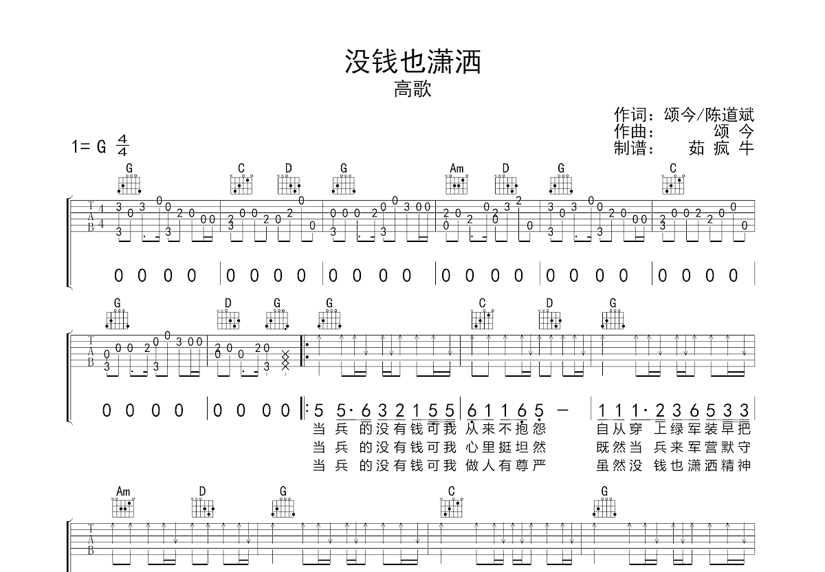 没钱也潇洒吉他谱预览图