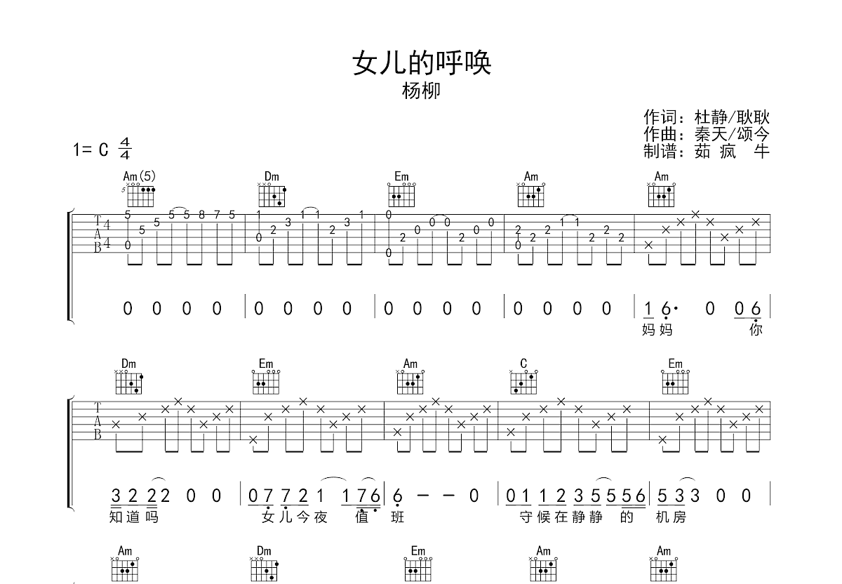 女儿的呼唤吉他谱预览图