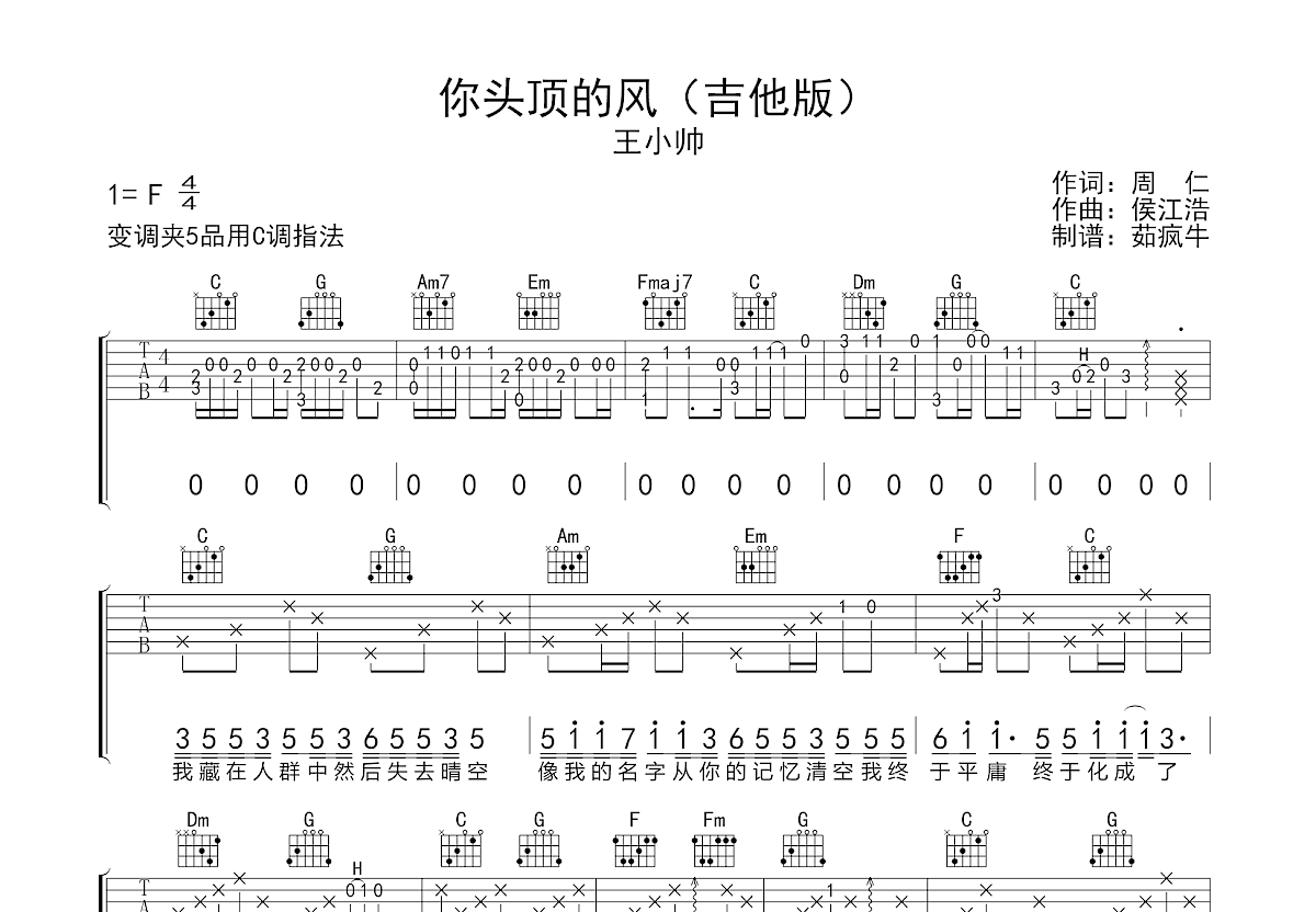 你头顶的风吉他谱预览图