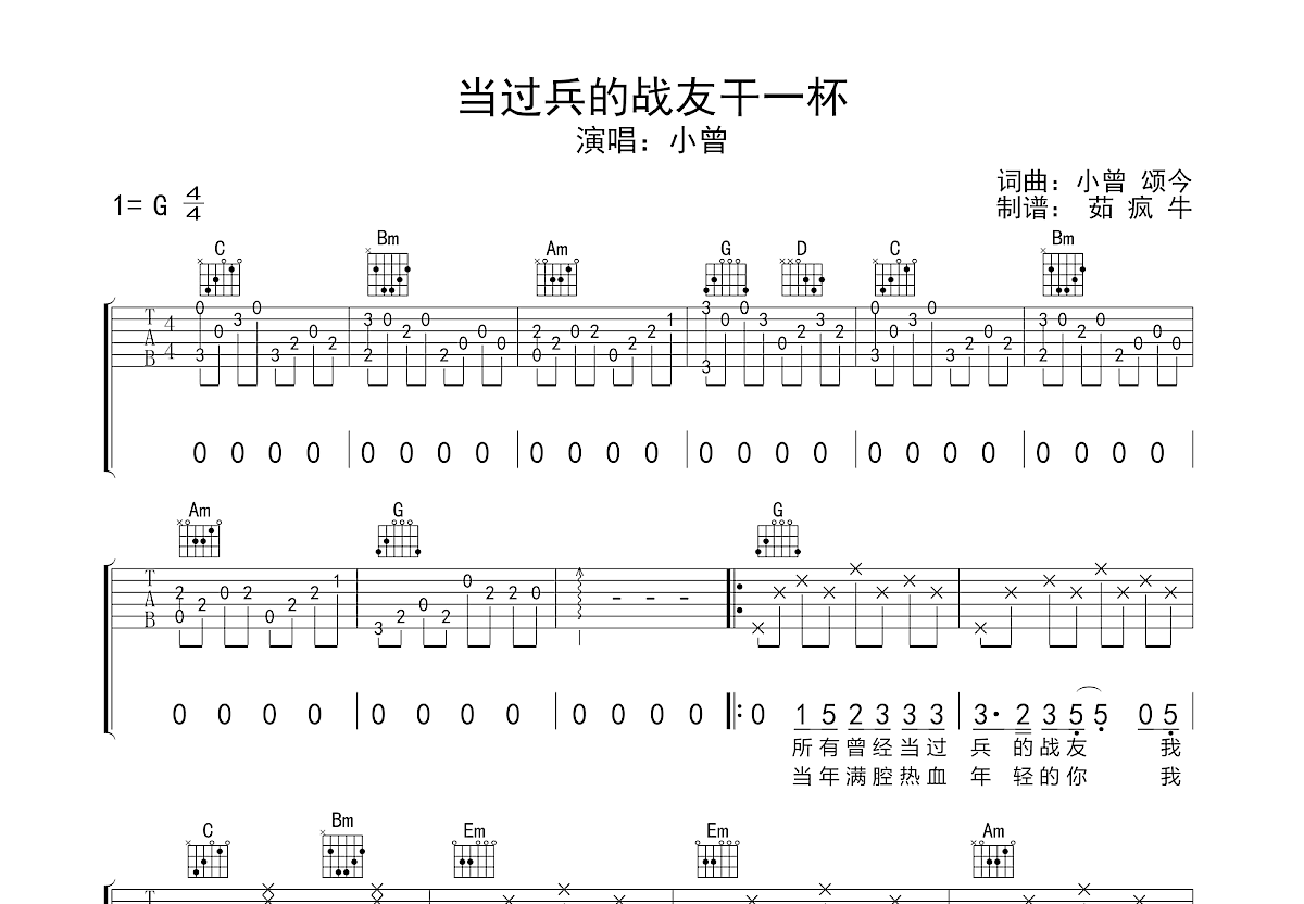 当过兵的兄弟干一杯吉他谱预览图