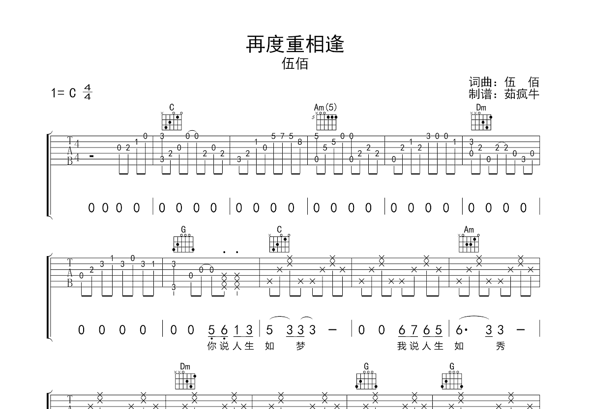 再度重相逢吉他谱预览图