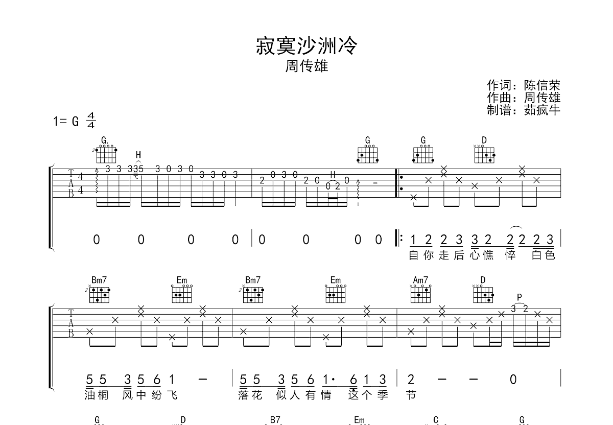 寂寞沙洲冷吉他谱预览图