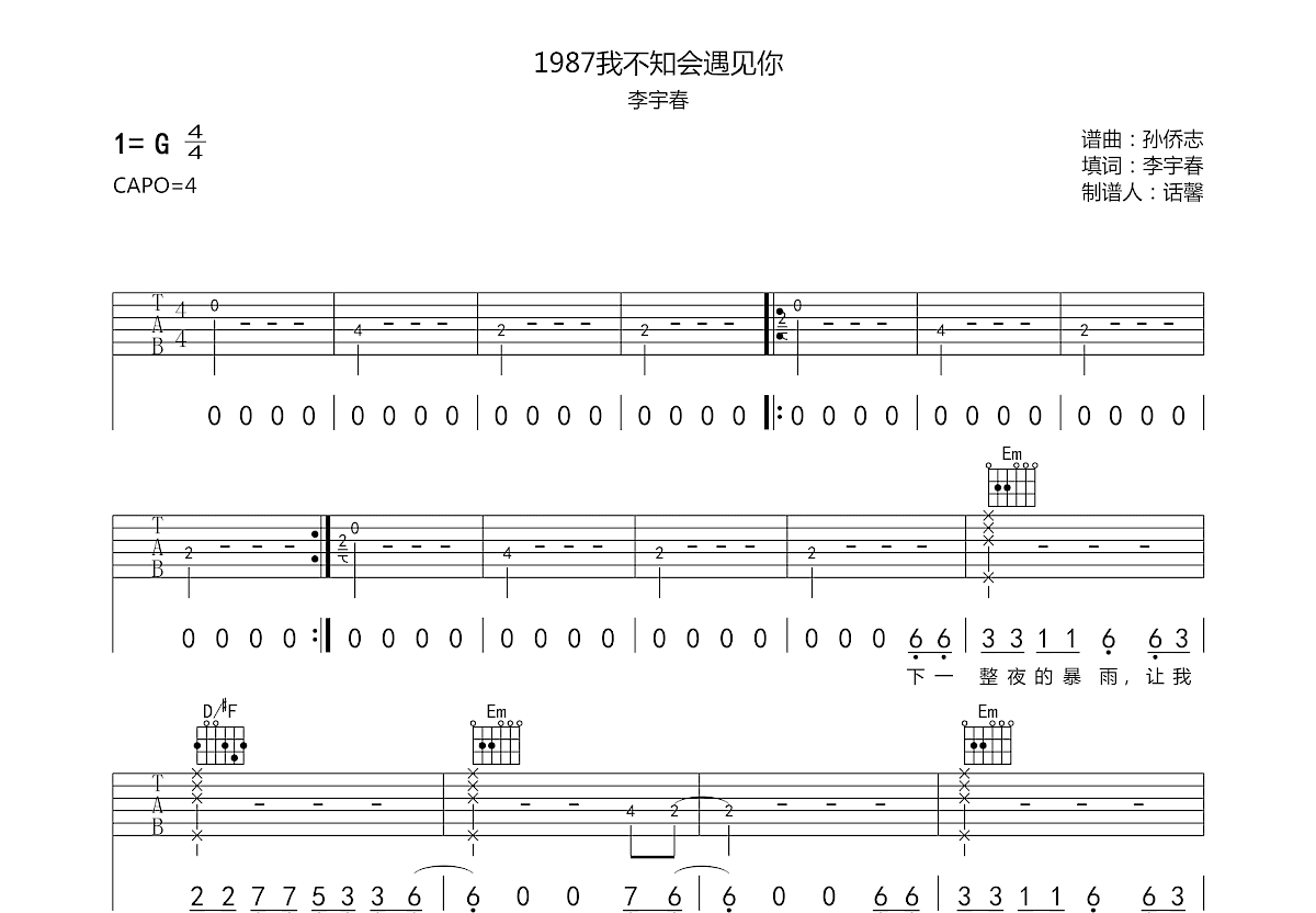 1987我不知会遇见你吉他谱预览图