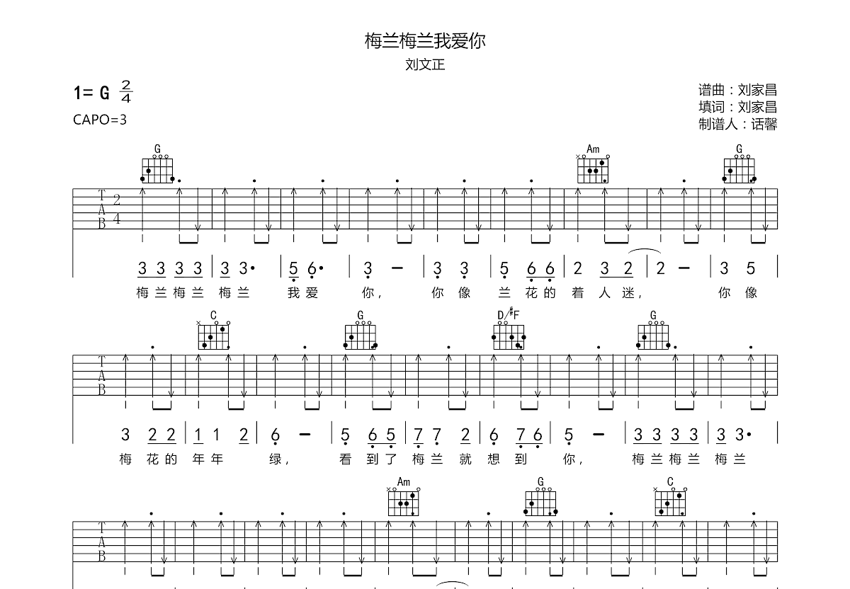 梅兰梅兰我爱你吉他谱预览图