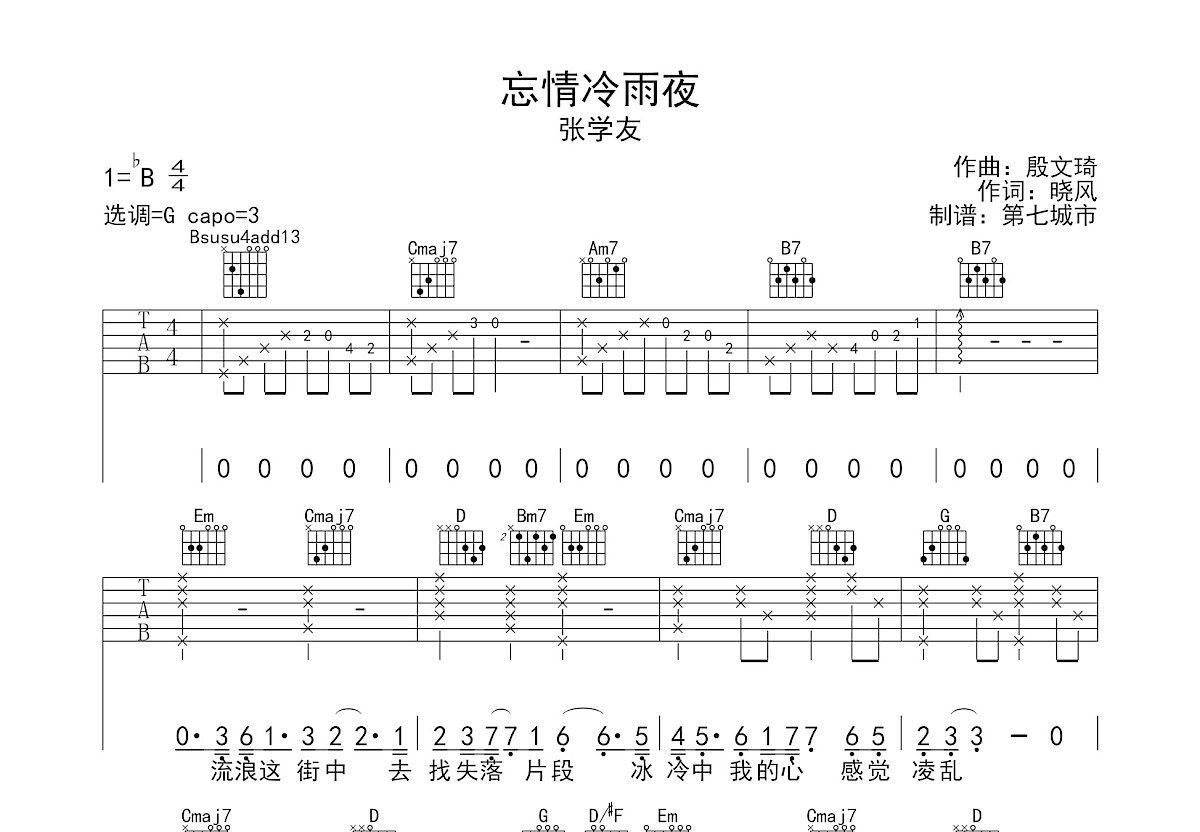 忘情冷雨夜吉他谱预览图