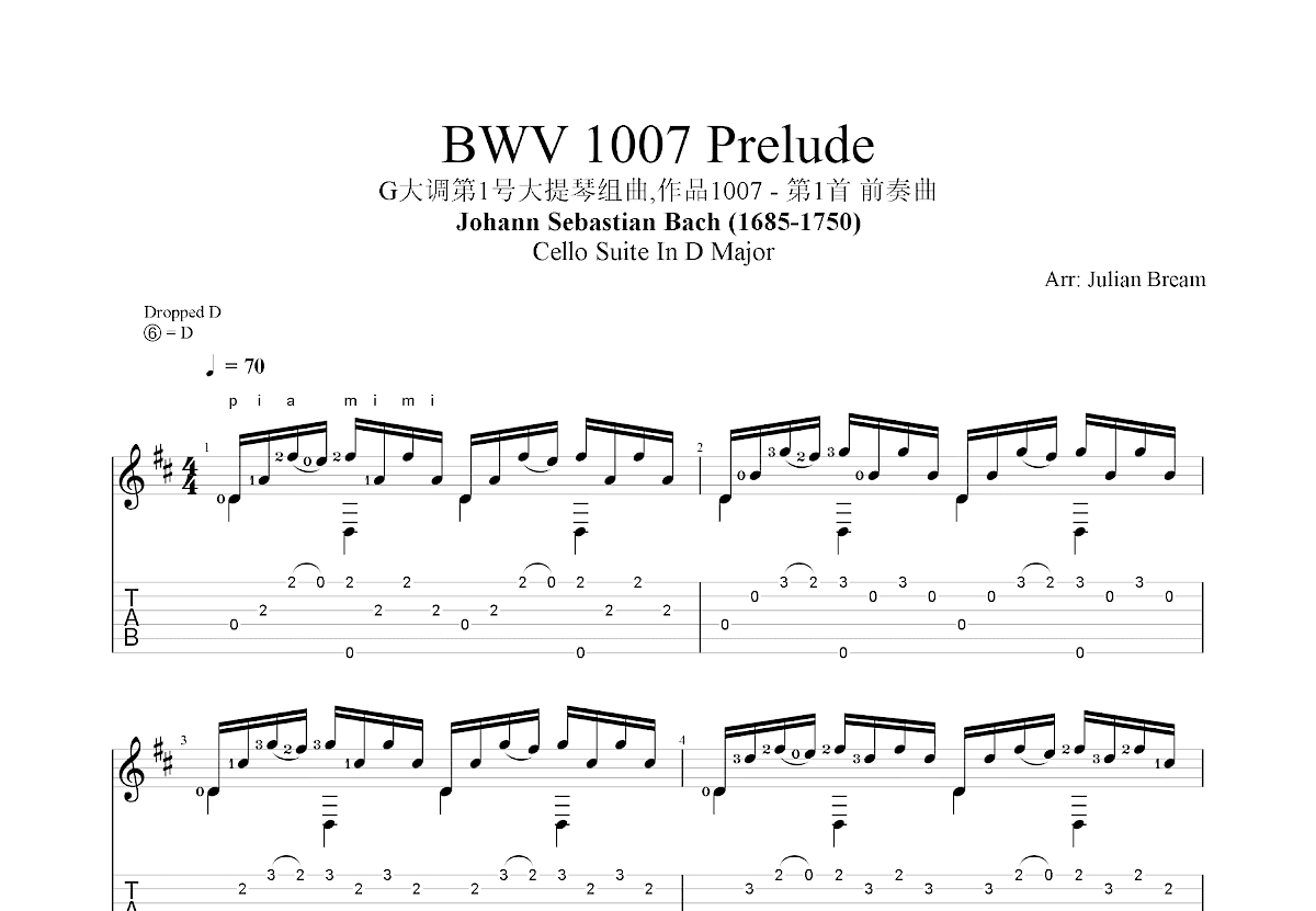 G大调第1号大提琴组曲,作品1007 - 第1首 前奏曲吉他谱预览图