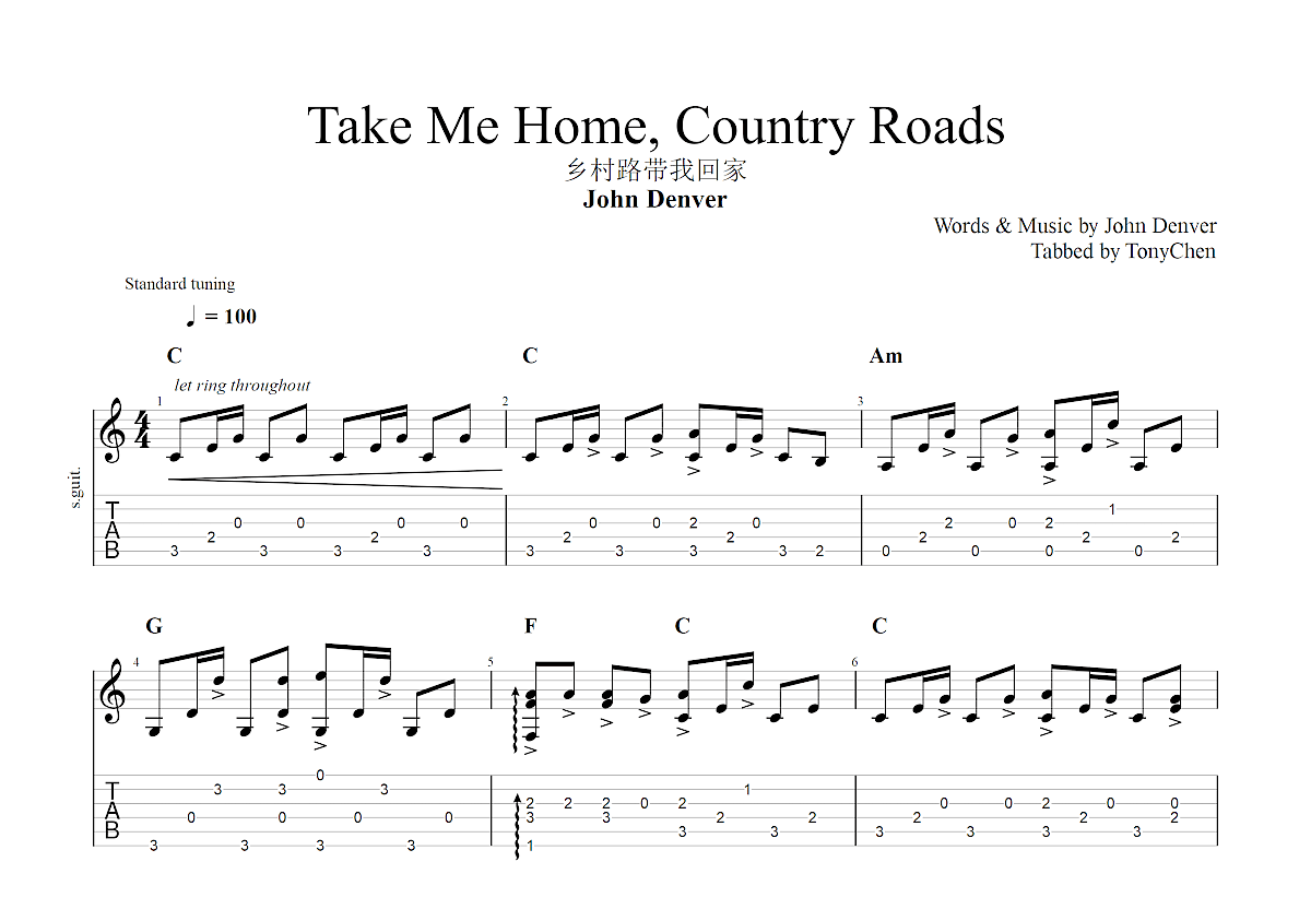 Take Me Home, Country Roads吉他谱预览图