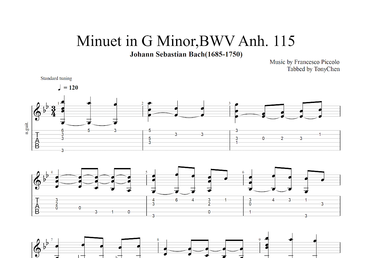 Minuet in G Minor,BWV Anh. 115吉他谱预览图