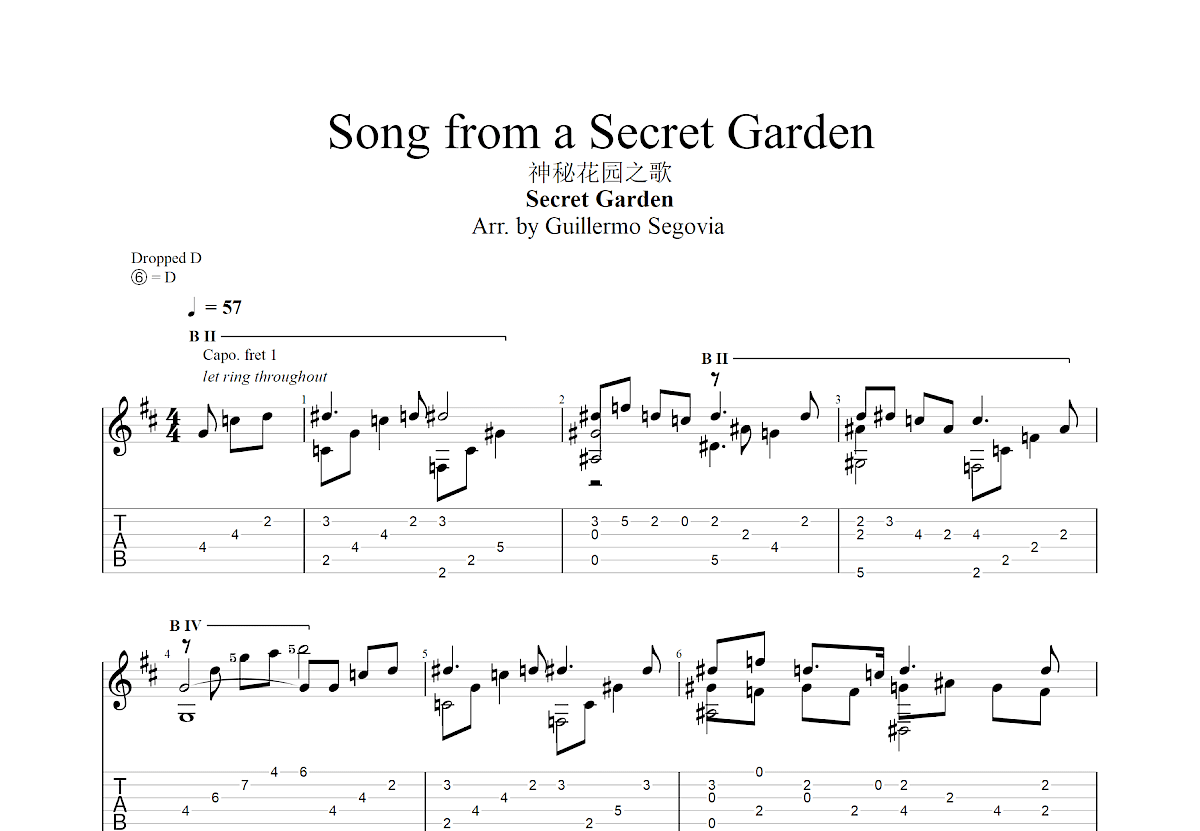 Song from a Secret Garden吉他谱_Guillermo Segovia_D调古典