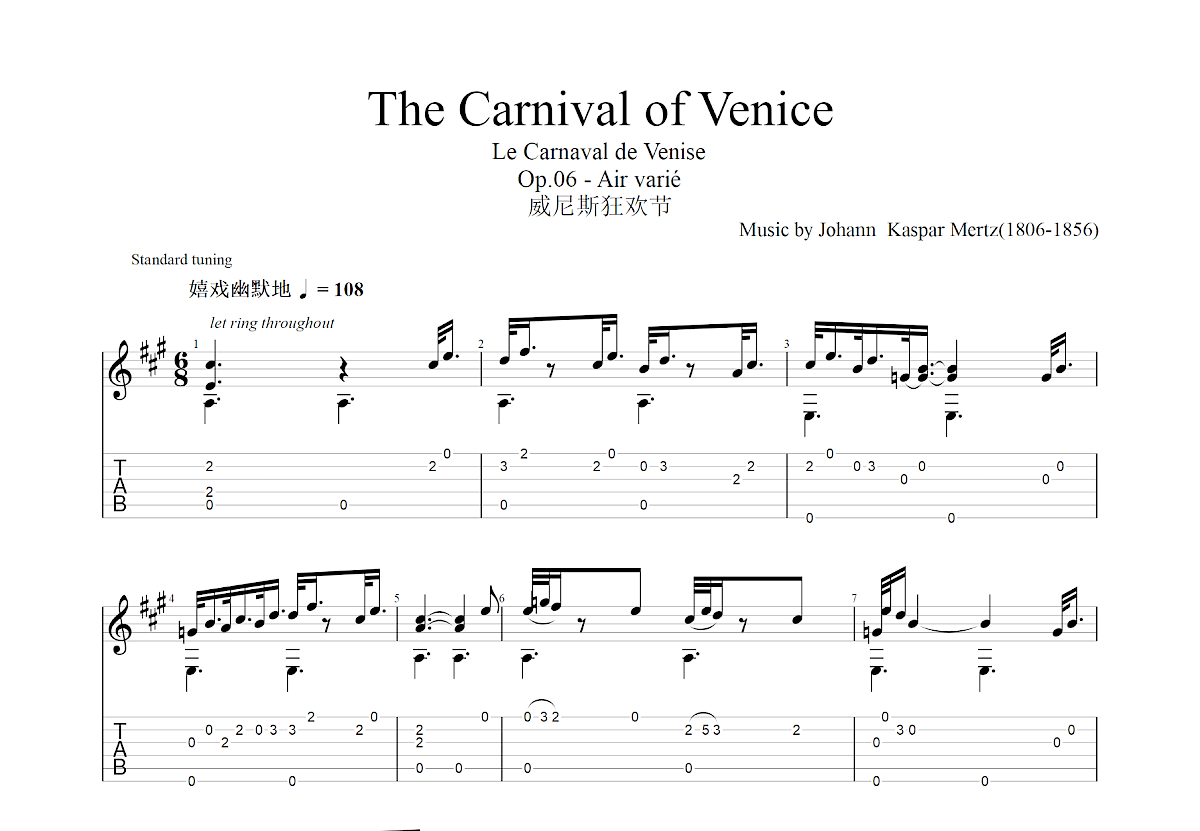 The Carnival of Venice - Op.06 - Air varié吉他谱_Johann  Kaspar Mertz_A调古典