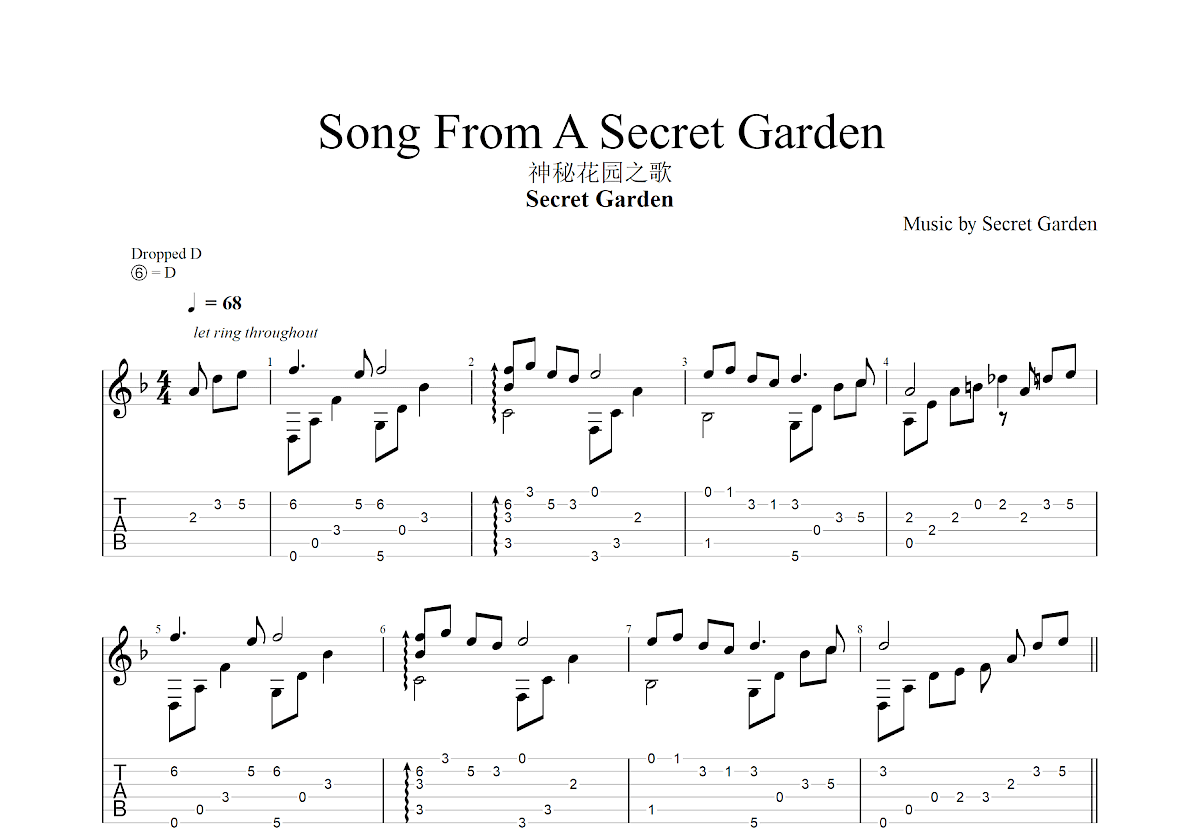 Song From A Secret Garden吉他谱预览图