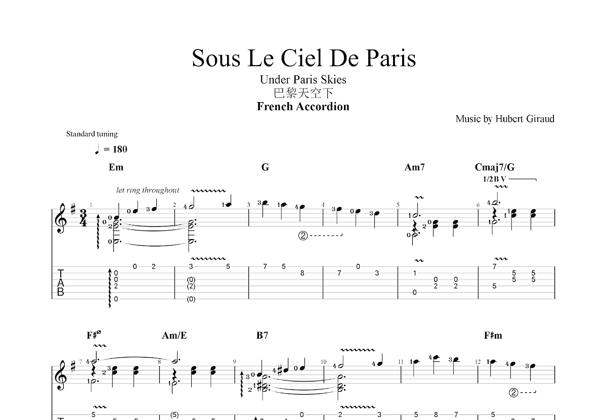 Sous Le Ciel De Paris吉他谱_French Accordion_G调指弹