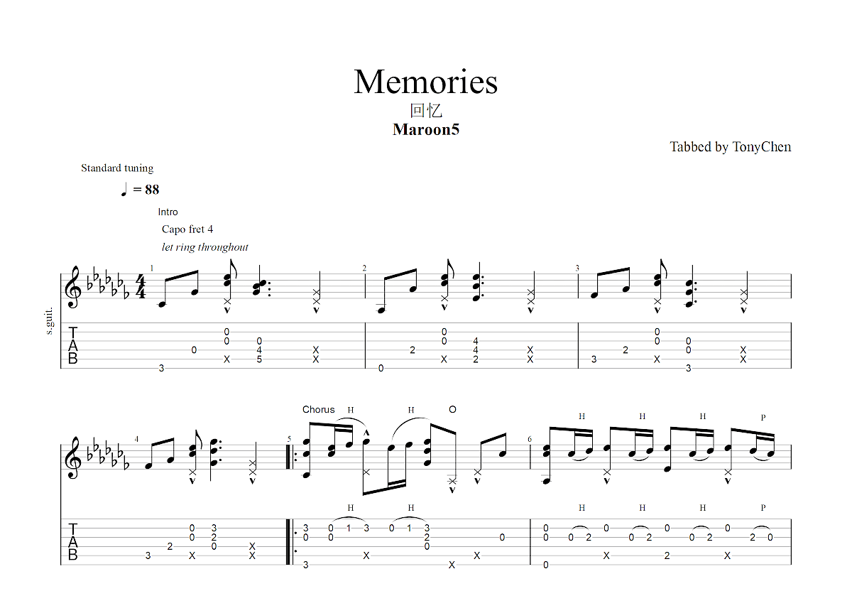 Memories吉他谱预览图