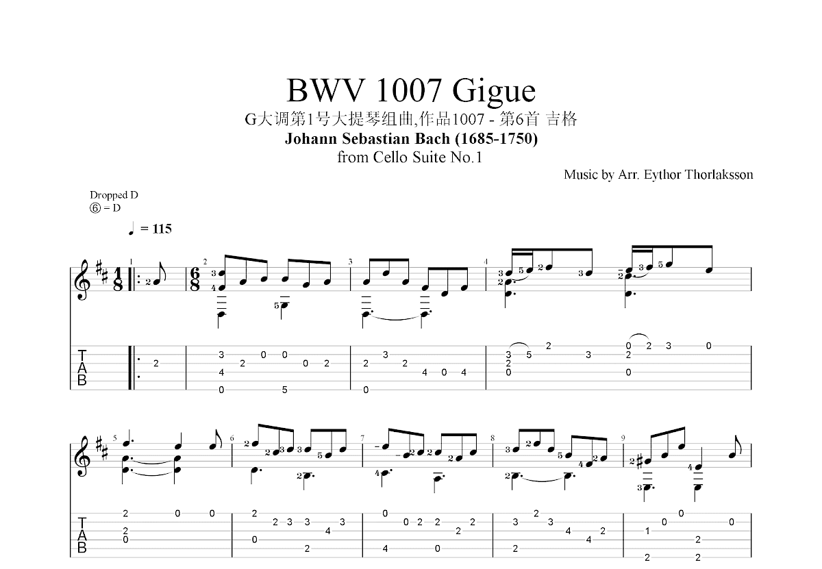 G大调第1号大提琴组曲,作品1007 - 第6首 吉格吉他谱预览图