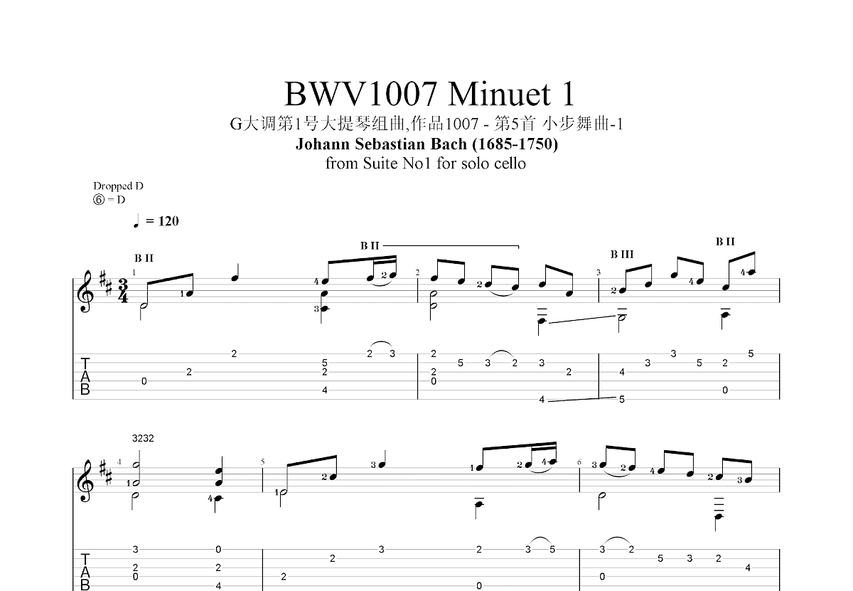 G大调第1号大提琴组曲,作品1007 - 第5首 小步舞曲-1吉他谱预览图