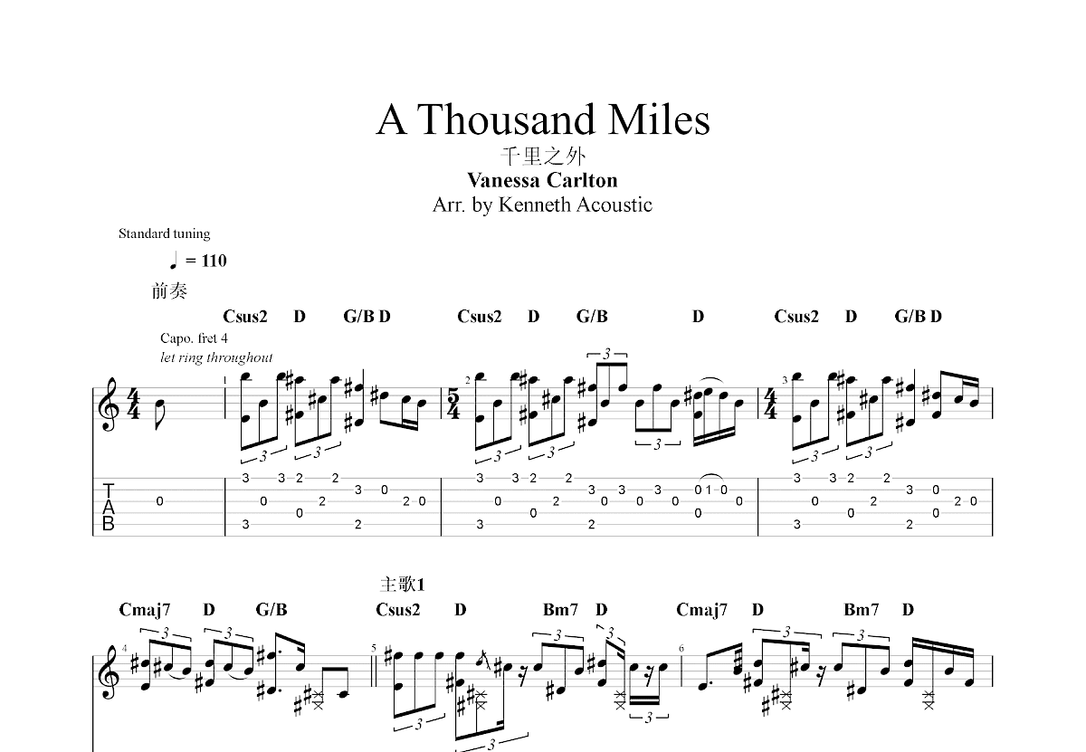 A Thousand Miles吉他谱预览图
