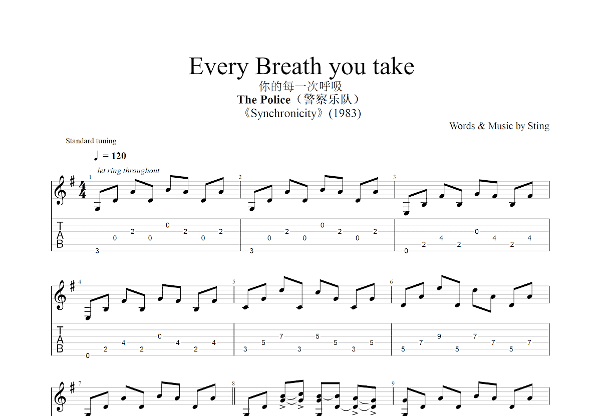 Every Breath you take吉他谱预览图