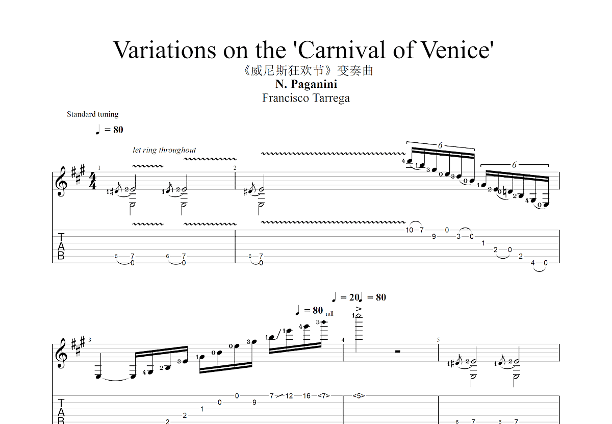 Variations on the 'Carnival of Venice'吉他谱_N. Paganini_A调古典