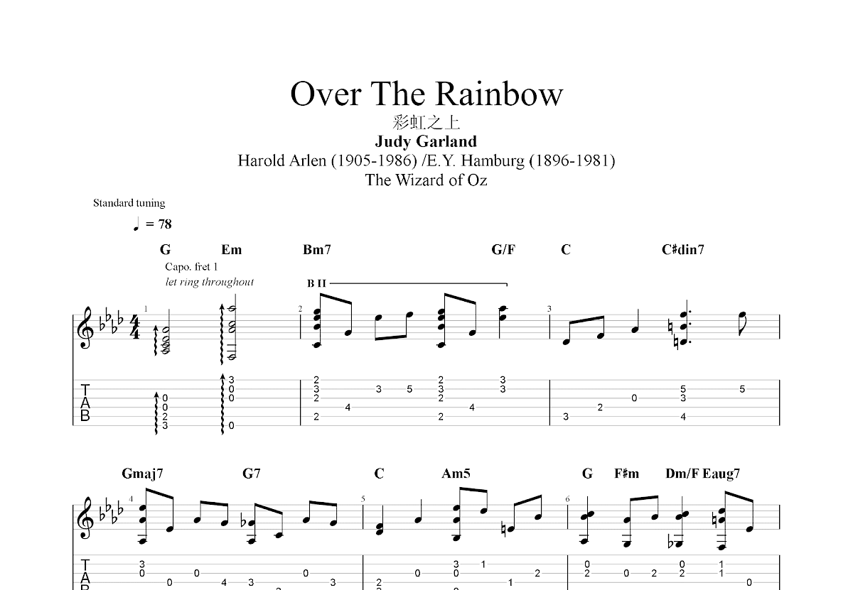 Over The Rainbow吉他谱_Judy Garland_G调指弹