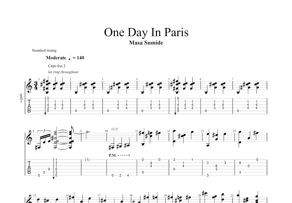 One Day In Paris吉他谱预览图