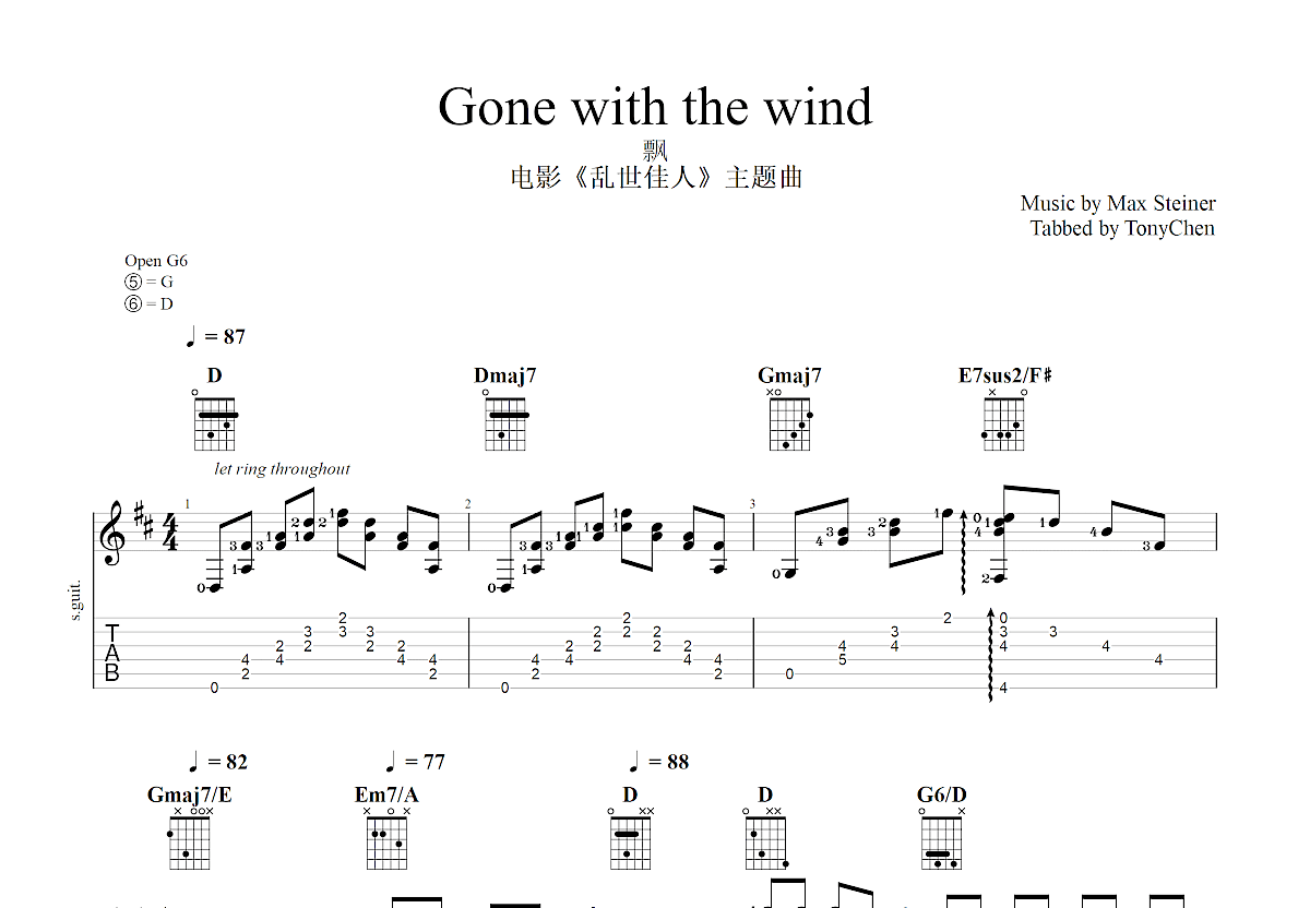 Gone with the wind吉他谱预览图