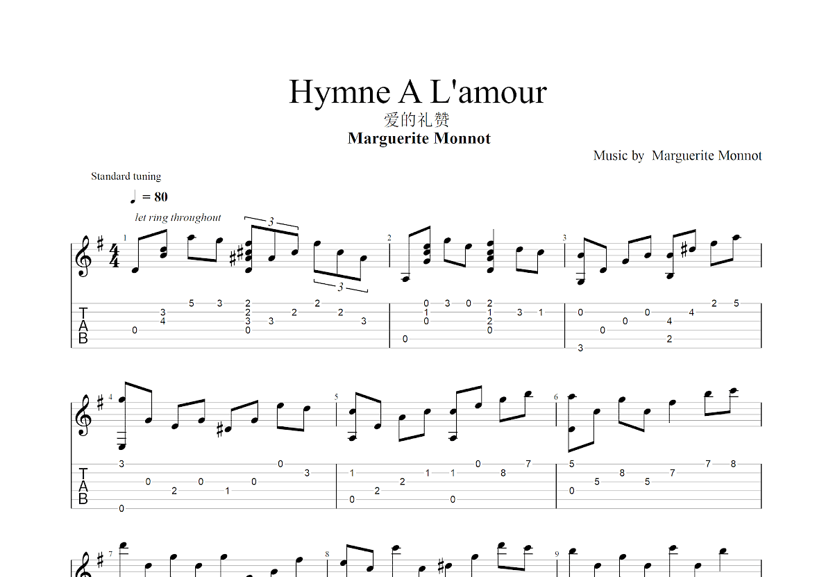 Hymne A L'amour吉他谱预览图