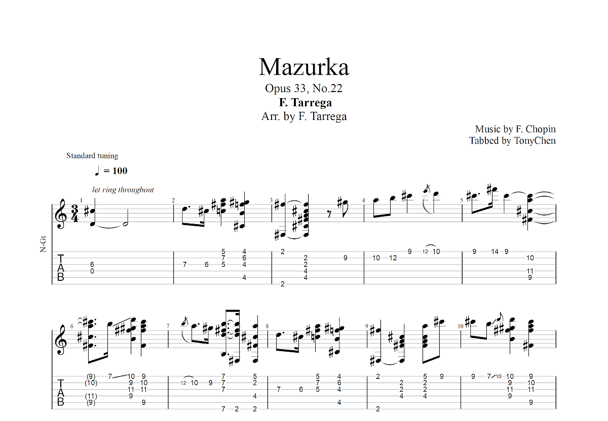 Mazurka(Opus 33, No.22)吉他谱预览图