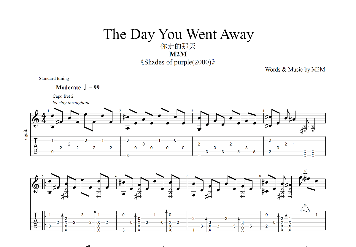 The Day You Went Away吉他谱预览图