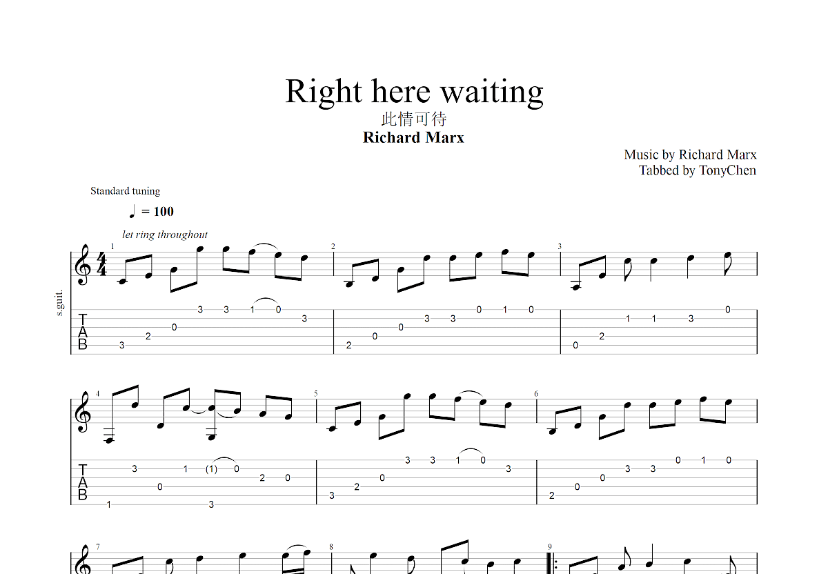 Right here waiting吉他谱预览图