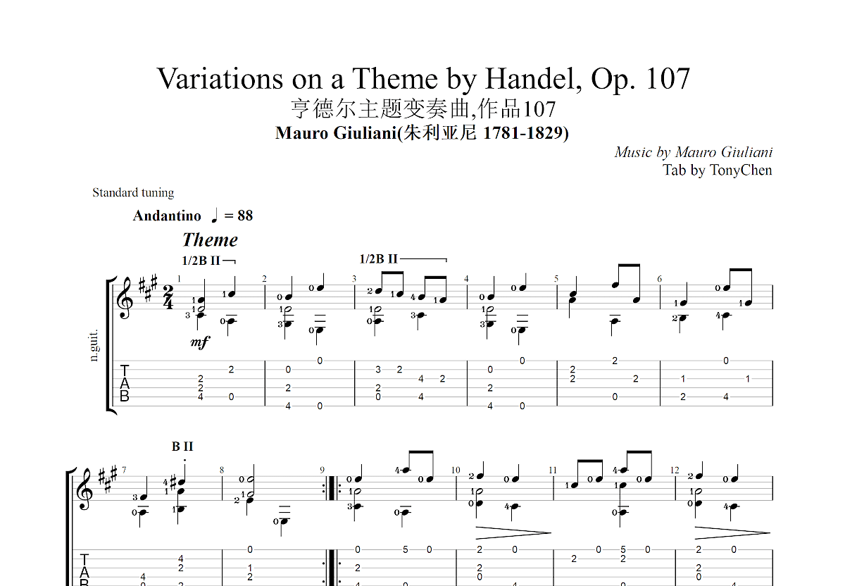 Variations on a Theme by Handel, Op. 107吉他谱预览图