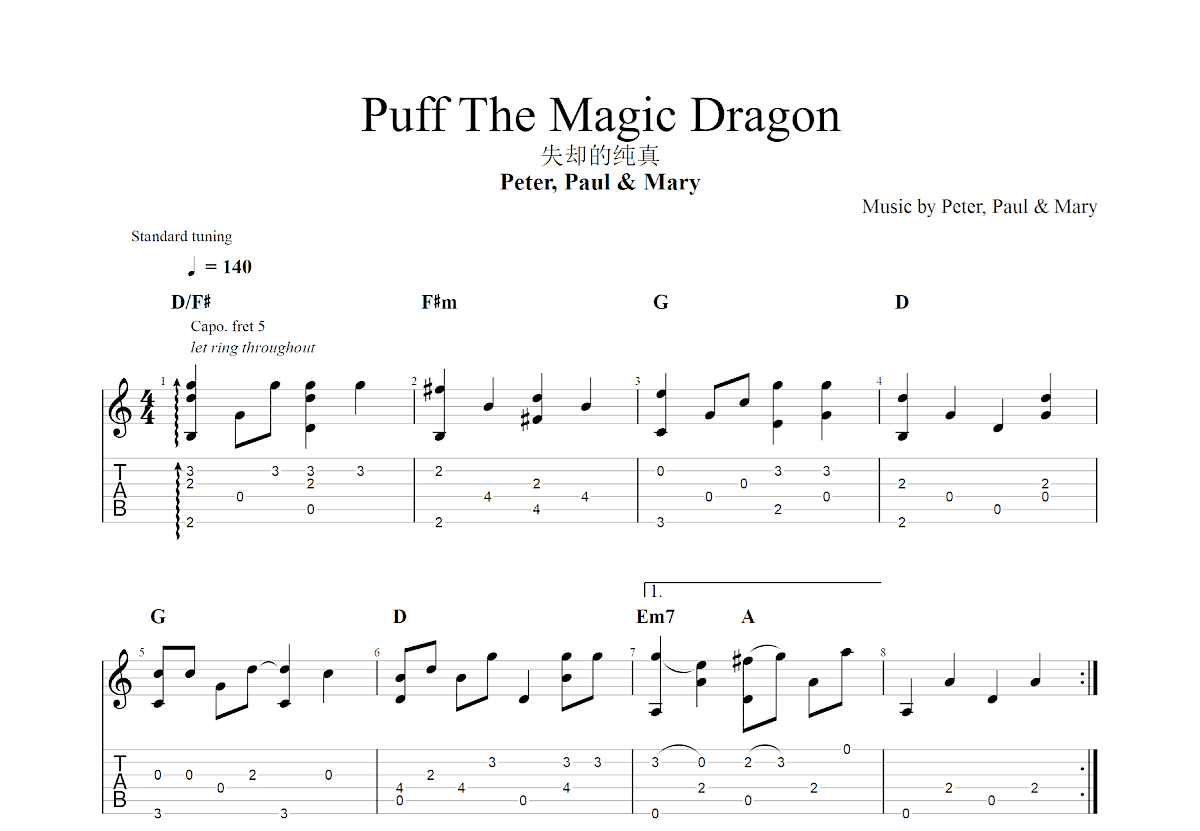 Puff The Magic Dragon吉他谱预览图