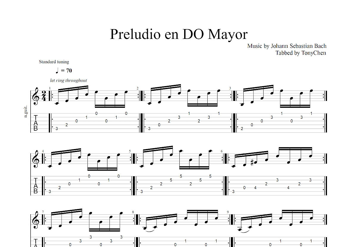 Preludio en Do Mayor吉他谱预览图