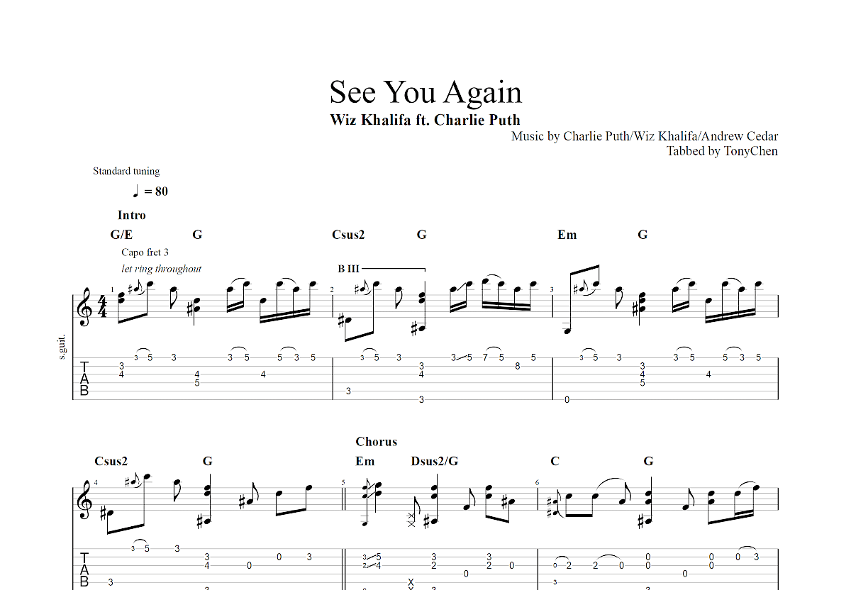 See You Again吉他谱预览图