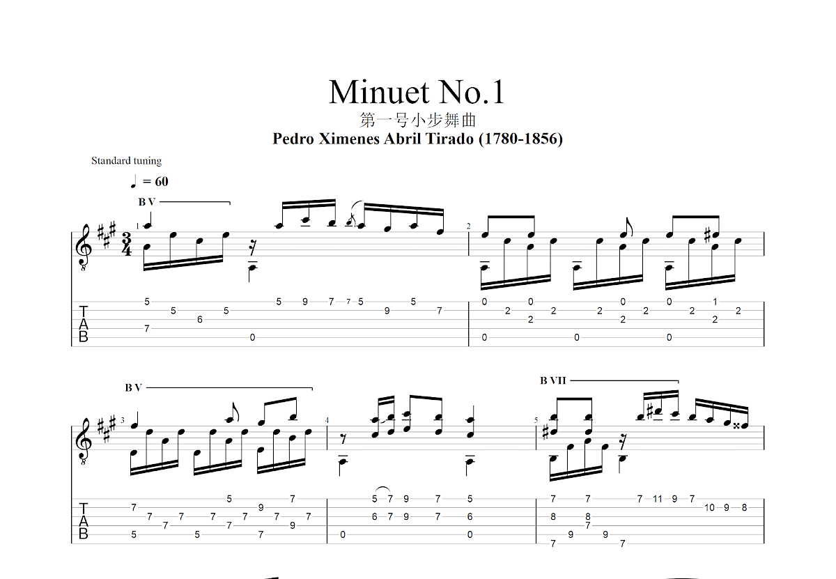 Minuet No.1吉他谱_Pedro Ximenes Abril Tirado_A调古典
