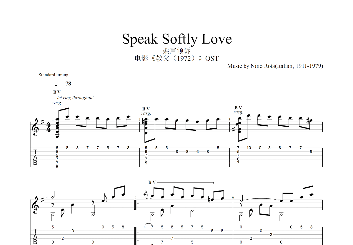 Speak Softly Love吉他谱预览图