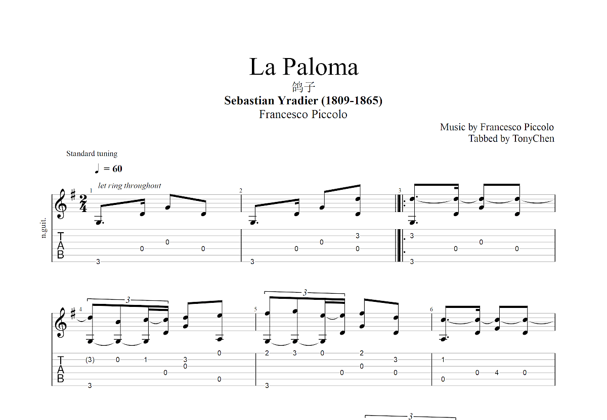 La Paloma吉他谱预览图