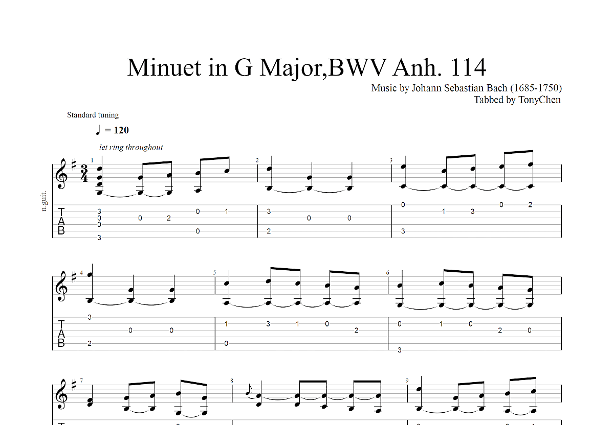 Minuet in G Major,BWV Anh. 114吉他谱预览图