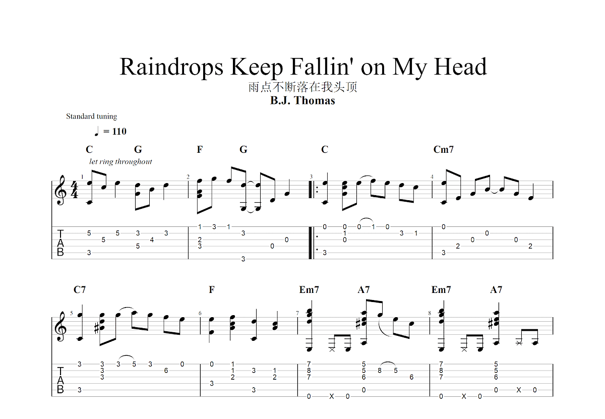 Raindrops Keep Fallin' on My Head吉他谱_B.J. Thomas_C调指弹