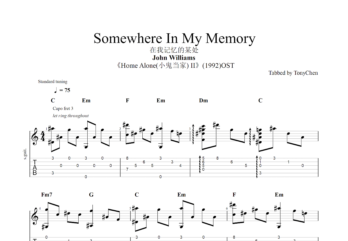 Somewhere In My Memory吉他谱预览图