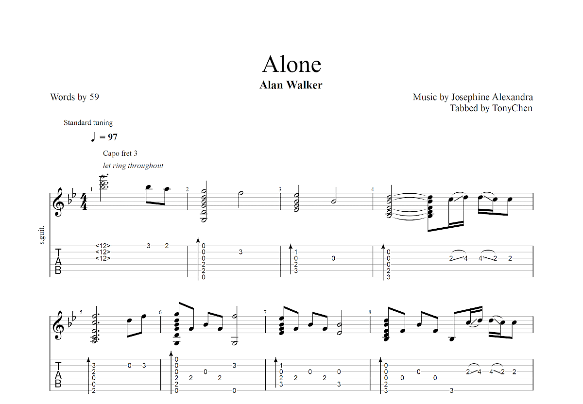 Alone吉他谱预览图