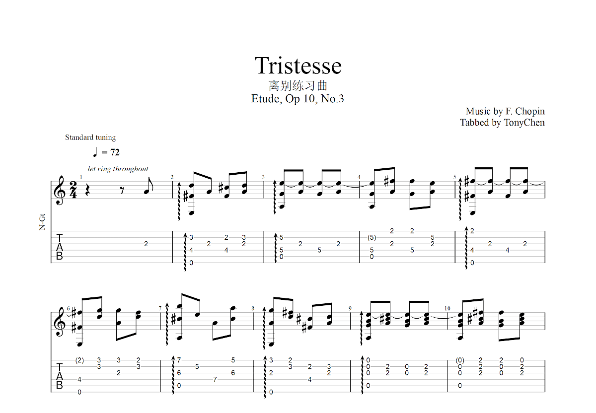 Tristesse（Etude, Op 10, No.3）吉他谱预览图