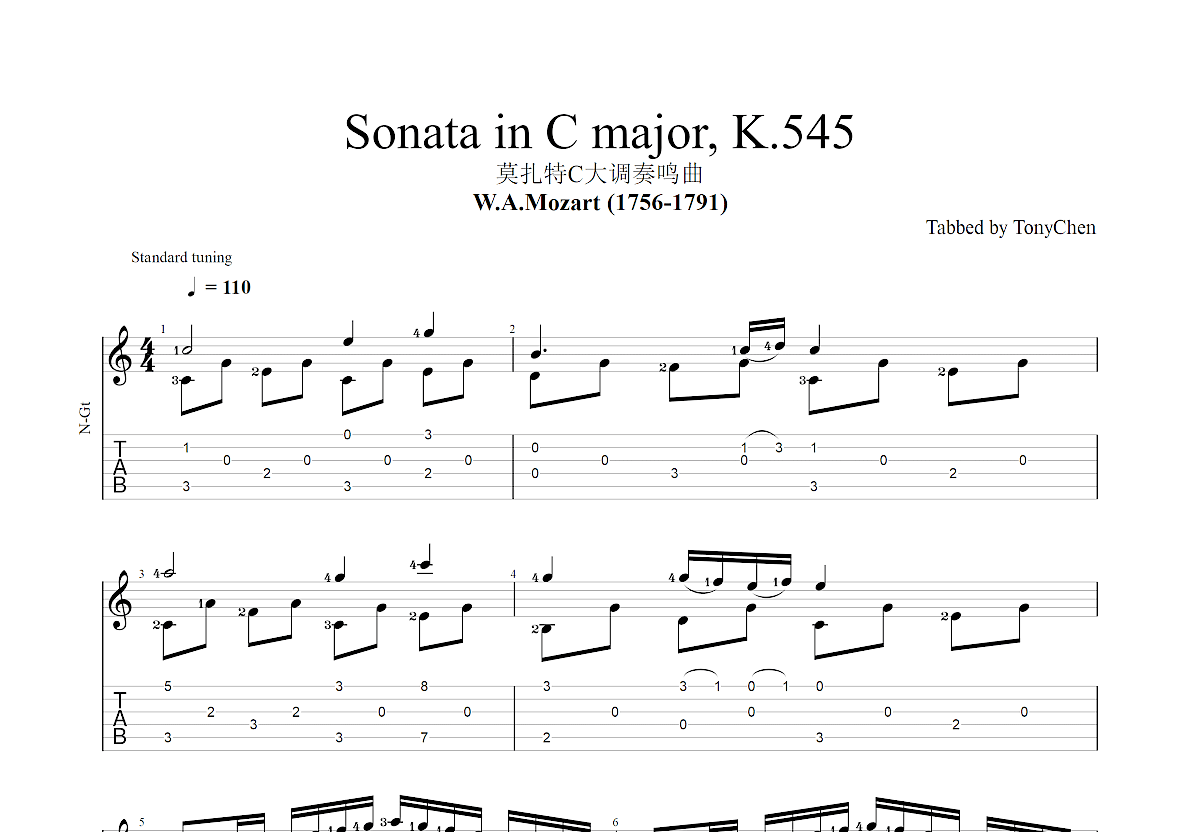 Sonata in C major, K.545吉他谱预览图