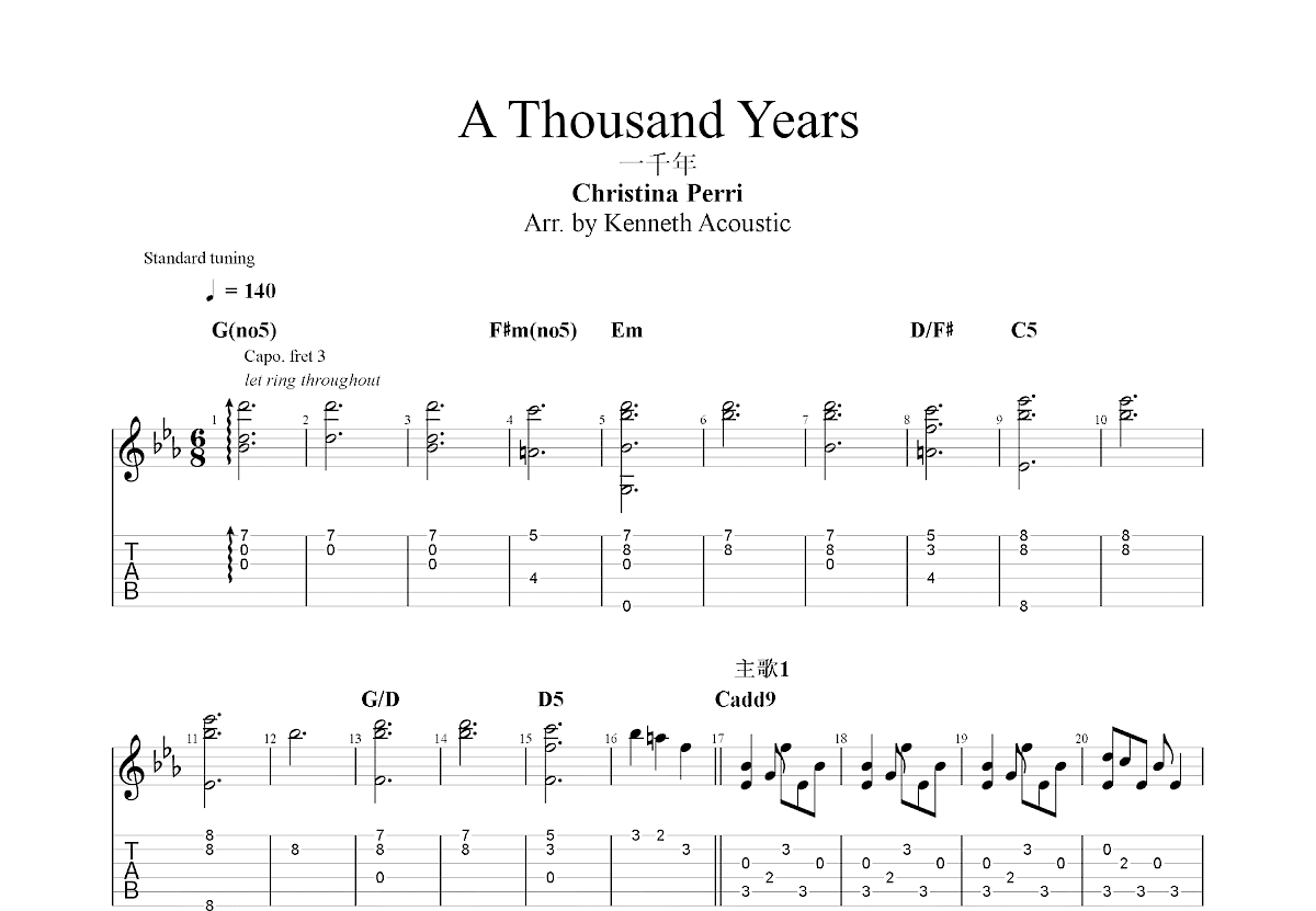 A Thousand Years吉他谱_Kenneth Acoustic_C调指弹