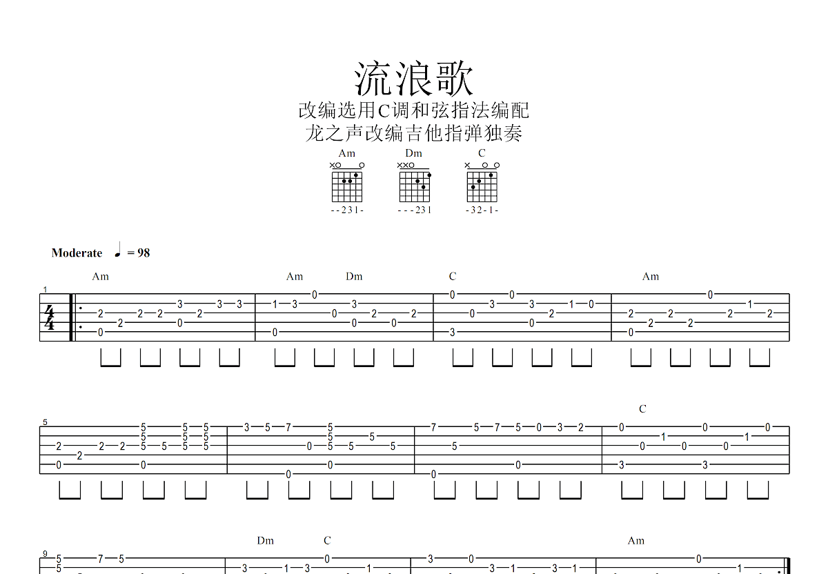 流浪歌吉他谱预览图