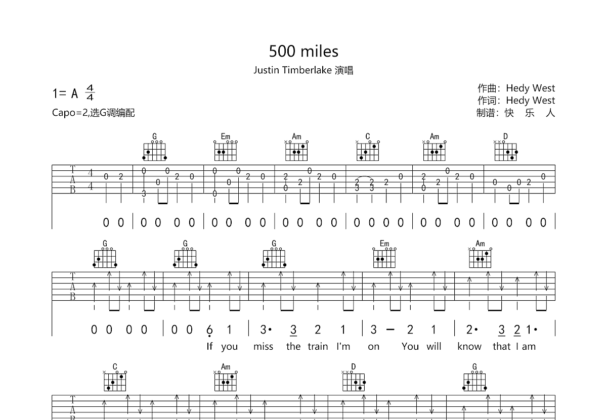 500 miles吉他谱预览图