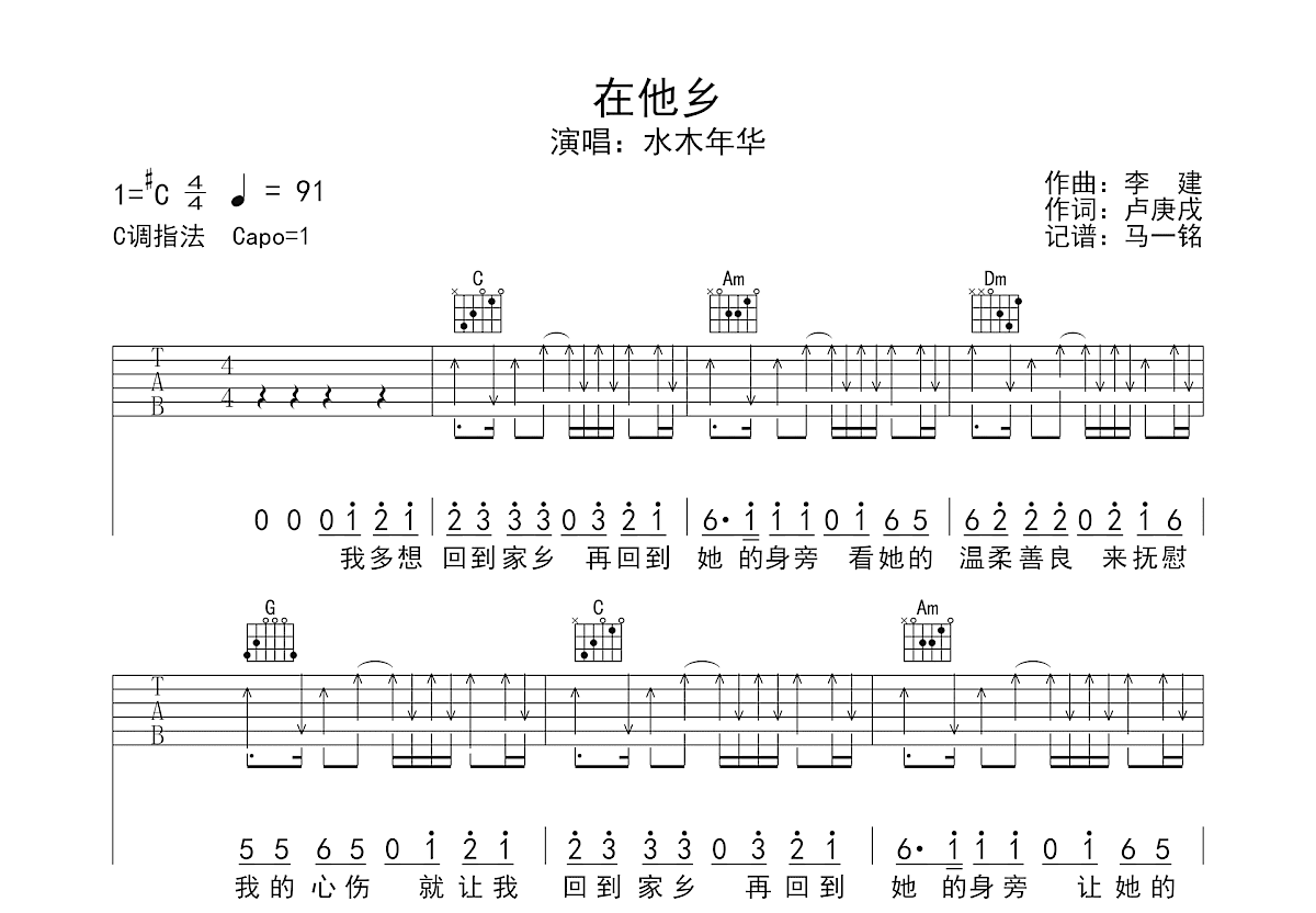 在他乡吉他谱预览图