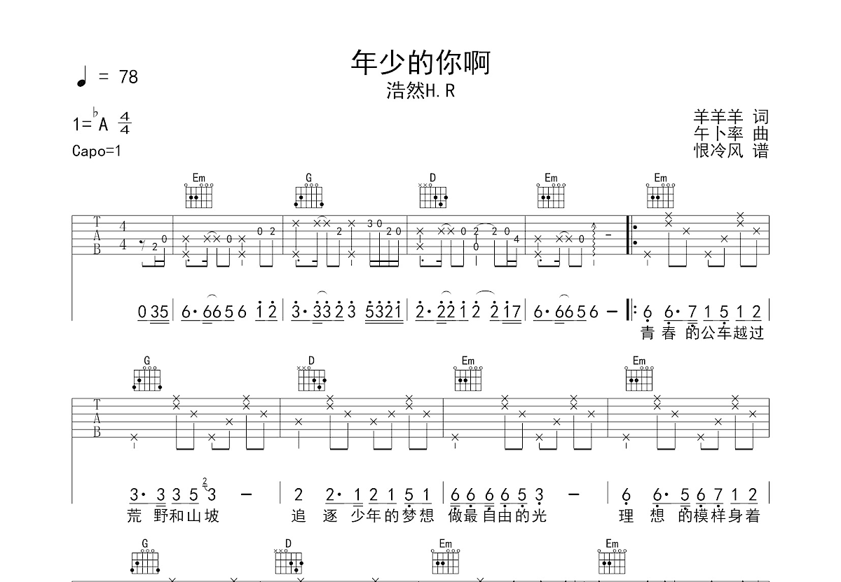 年少的你啊吉他谱预览图