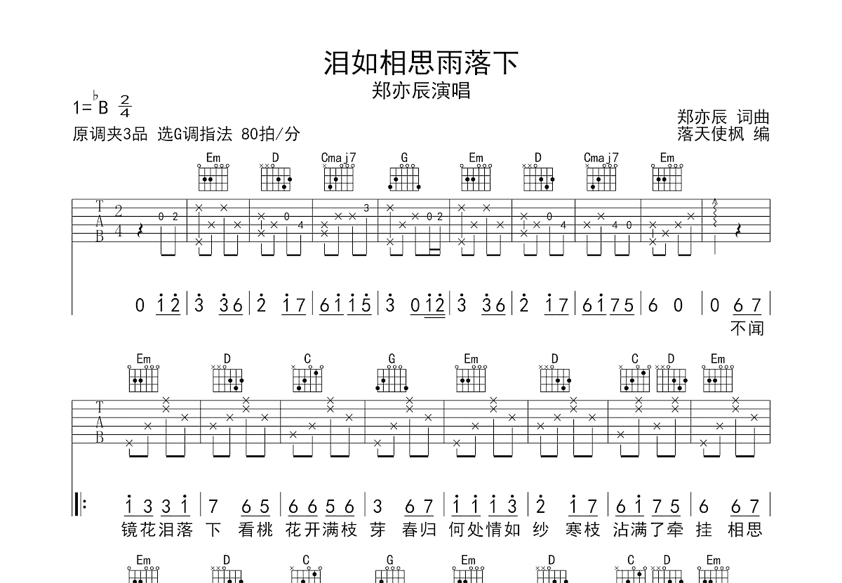 泪如相思雨落下吉他谱预览图